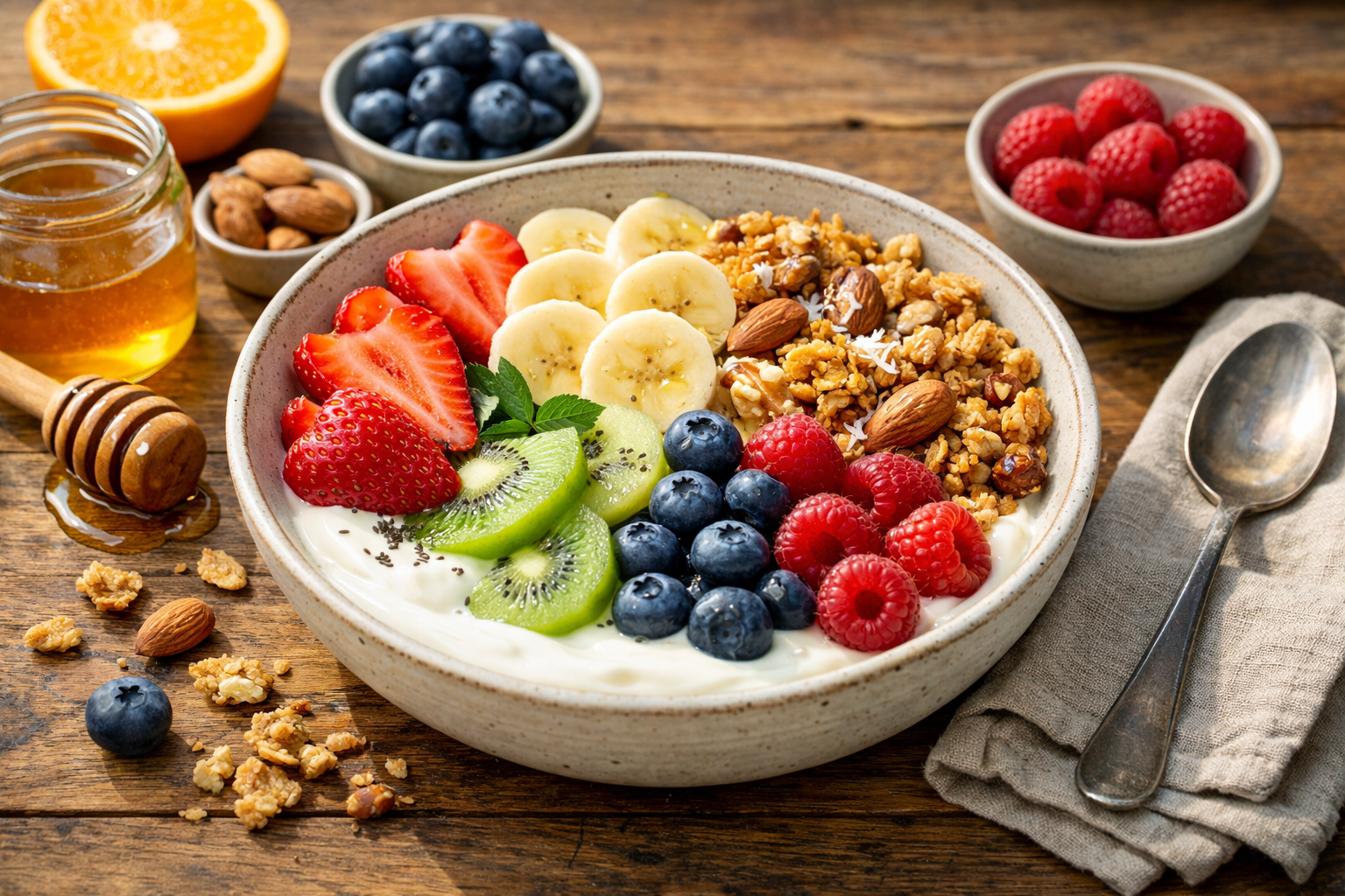 Healthy breakfast bowl with fresh fruits, granola, nuts and yogurt on wooden table, natural morning light, vibrant colors, wellness nutrition concept
